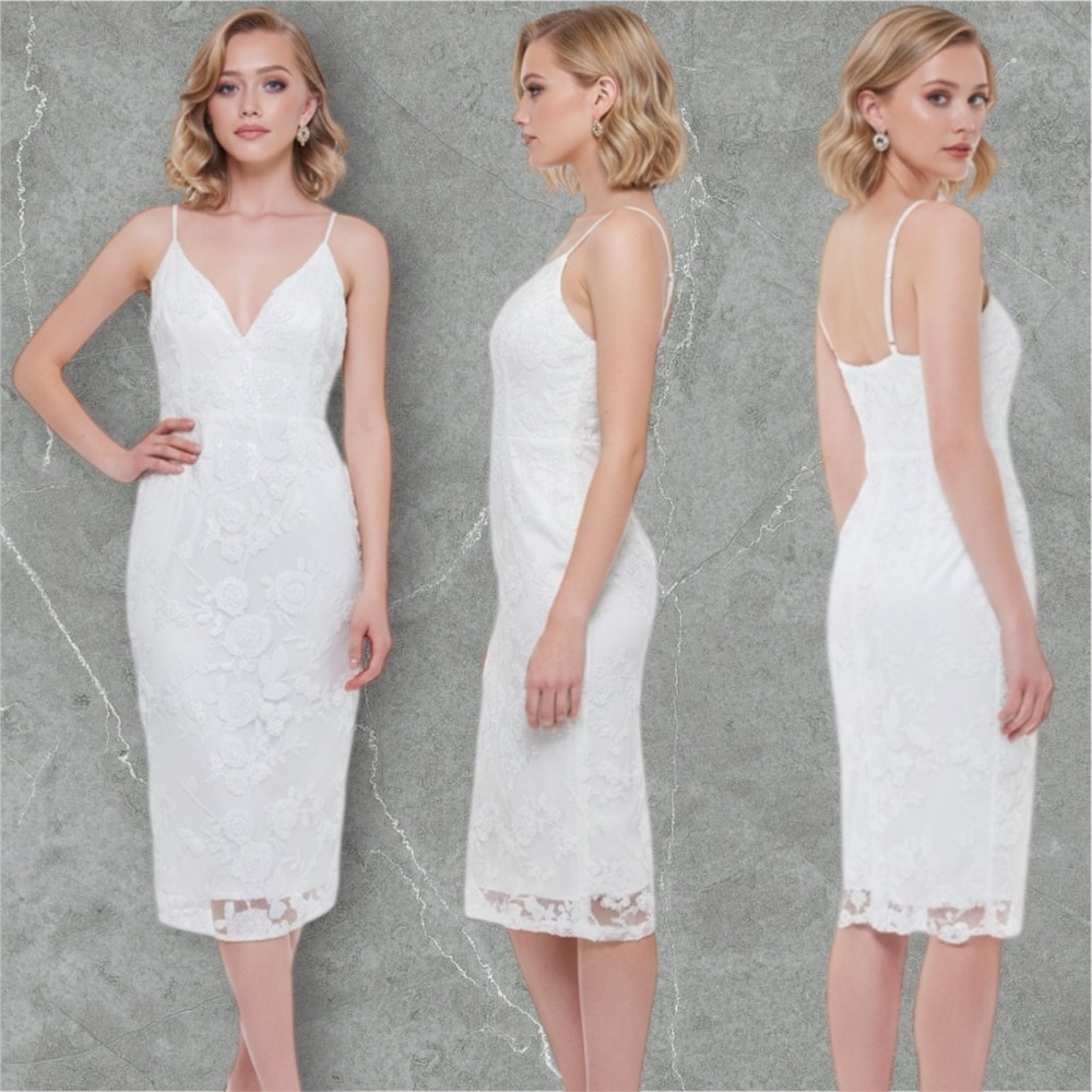 Lulu's White Lace Midi Dress with Spaghetti Straps